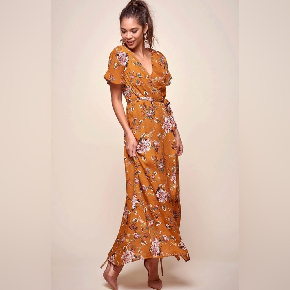 Mustard Floral Wrap Dress